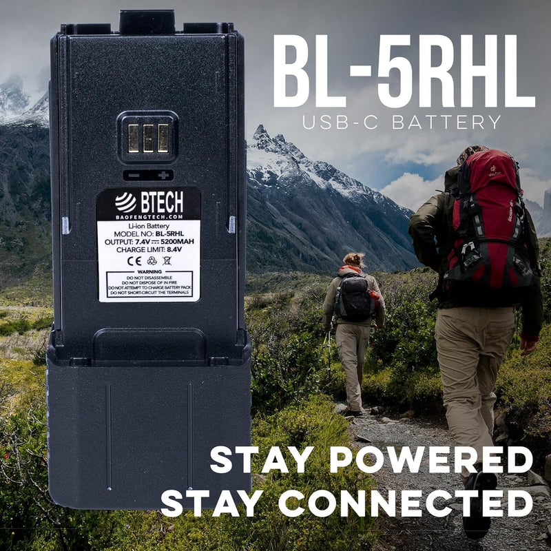 BTECH BL-5RHL 5200mAh USB-C Charging Li-ion Extended Battery Pack, High-Capacity OEM Battery for BaoFeng BF-F8HP PRO and BL-5RH Series Radios (USB-C Charging, Status LED) - Image 2